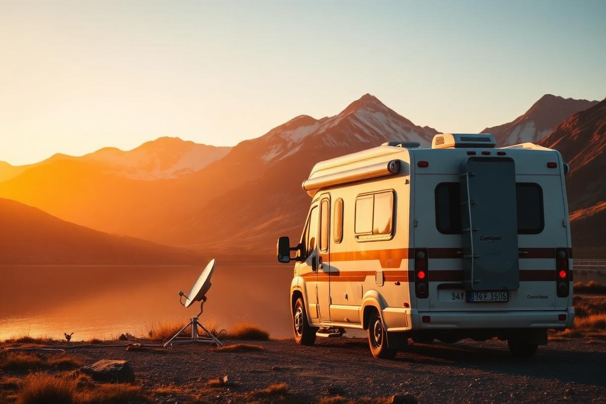 Camper van at a remote lake with a portable satellite dish