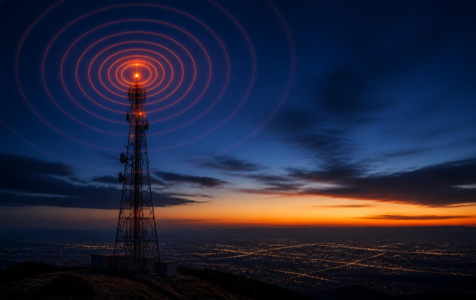 Telecommunications mast above a valley of city lights at dusk