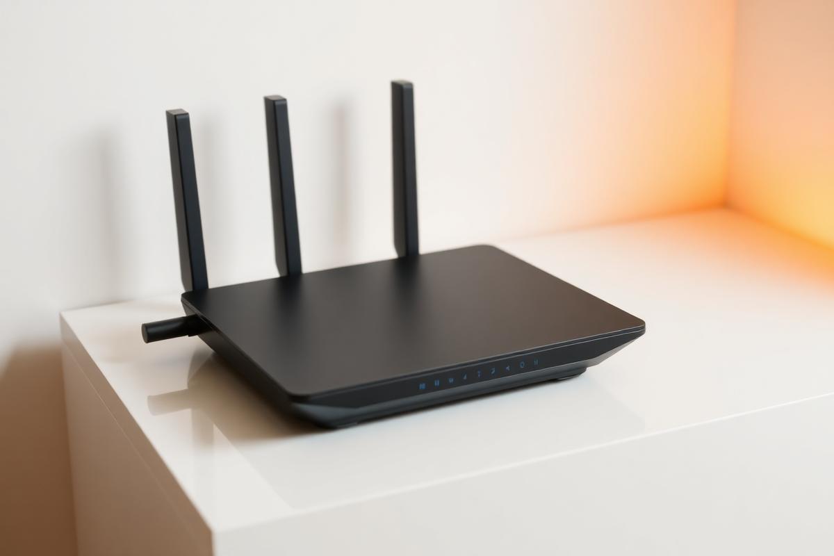 Matte black 5G router with external antennas on a light surface